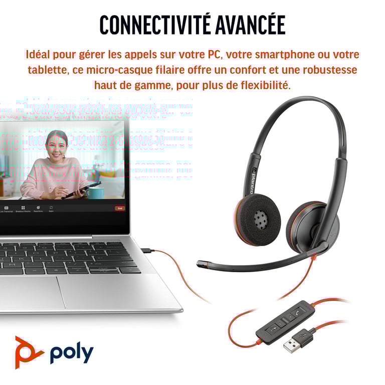 POLY Micro casque stéréo USB C Blackwire 3220 + adaptateur USB CA lot Neuf - vue 2