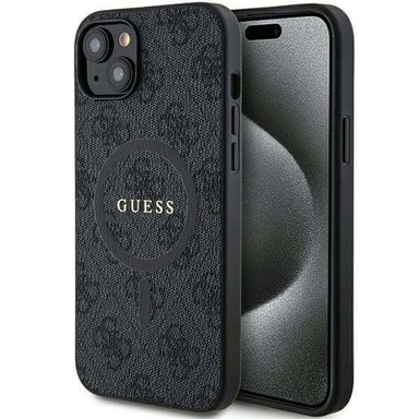 Étui Guess pour iPhone 15 6.1'' noir étui rigide 4G Collection Leather Metal Logo MagSafe