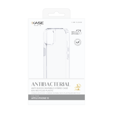 Coque antibactérienne antichoc hybride invisible Fabriqué Avec du 83% Plastique Recyclé pour Apple iPhone 13, Transparente