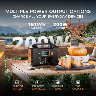 Estación de energía portátil Flashfish E200, 200 W de potencia, 151 Wh de capacidad, batería de fosfato de hierro y litio.
