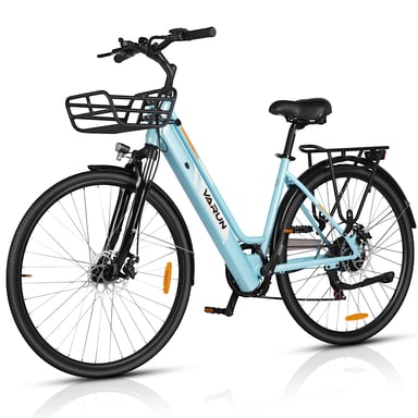 Bicicletta elettrica VARUN C7008 con cestino anteriore, 28 pollici, per uso urbano, con batteria da 36 V e 10 Ah
