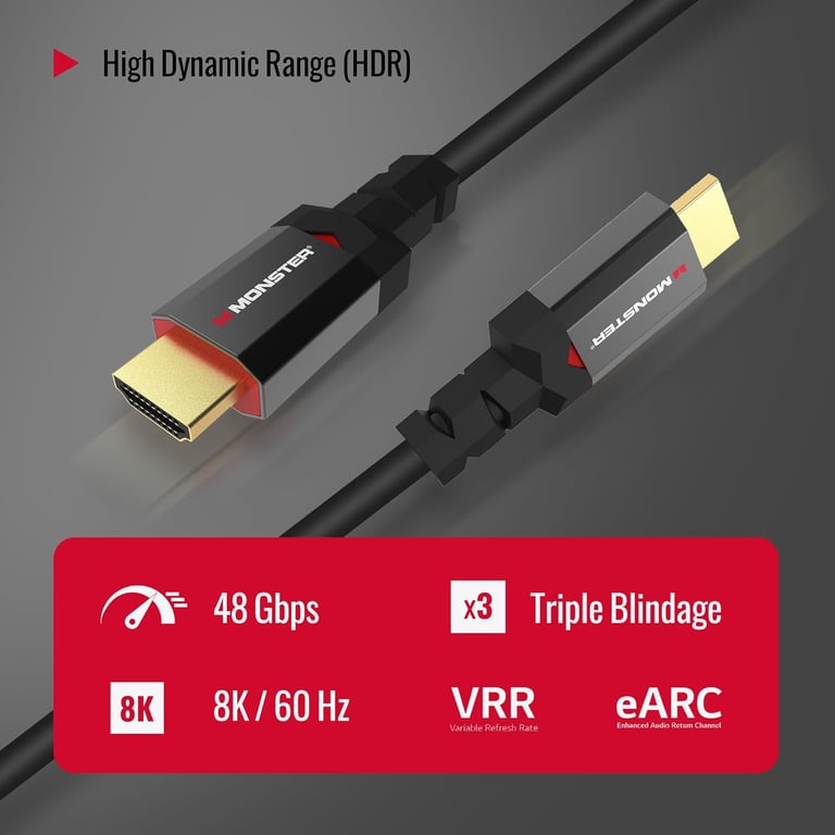 Câble HDMI Monster Résolution 8K Dolby Vision 48 GBPS Vitesse Éclair Homologué UL et CL3 Triple Blindage 1 8 Mètres Neuf - vue 3