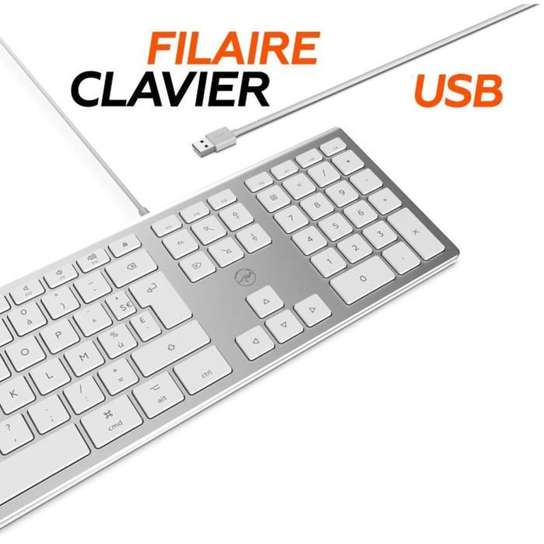 Clavier filaire MOBILITY LAB ML304304 Mac AZERTY ultra fin 2 ports USB touches ciseaux Blanc argent - Neuf
