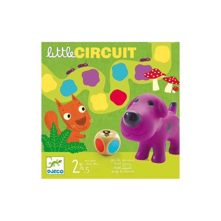 Djeco Jeu de parcours préscolaire Little Circuit Chien violet et dé en bois