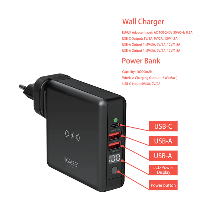 Batería multifunción con cargador rápido sin cable 10000mAh y cargador de pared (18W), Midnight Black