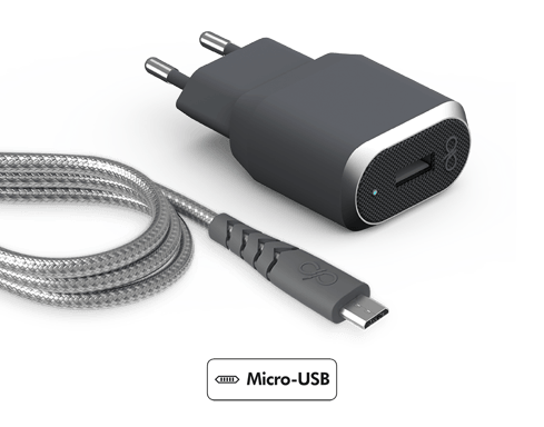 Chargeur maison 2.4A IC Smart + Câble renforcé USB A/micro USB Garanti à vie Gris Force Power