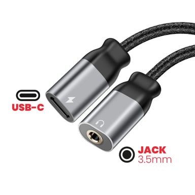 Swissten Adaptador carga/audio USB-C 3.5mm 2en1 nylon Negro