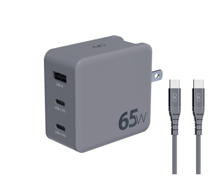 Kit Chargeur Voyage USB A + 2 USB C 65W Europe/UK/USA/Australie/Chine + Câble Ultra-Renforcé USB C / USB C 2m Gris + Garantie à vie Force Power