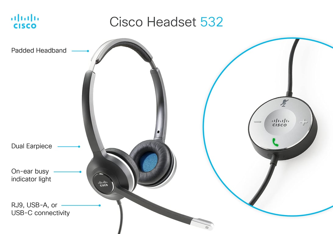 Cisco 532 Casque Avec fil Arceau BureauCentre d'appels USB Type C Neuf - vue 3