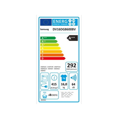 Sèche Linge 16kg - 211,9L - C - Moteur DIT - Pompe à chaleur - Programm SAMSUNG - DV16DG8600BV