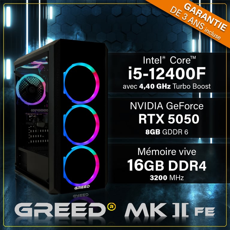 GREED MK2 FE Gaming PC / Ordinateur Intel Core i5 Geforce RTX 5050 RAM DDR4 SSD PC Gamer avec WiFi + Windows 11 Pro Neuf - vue 3