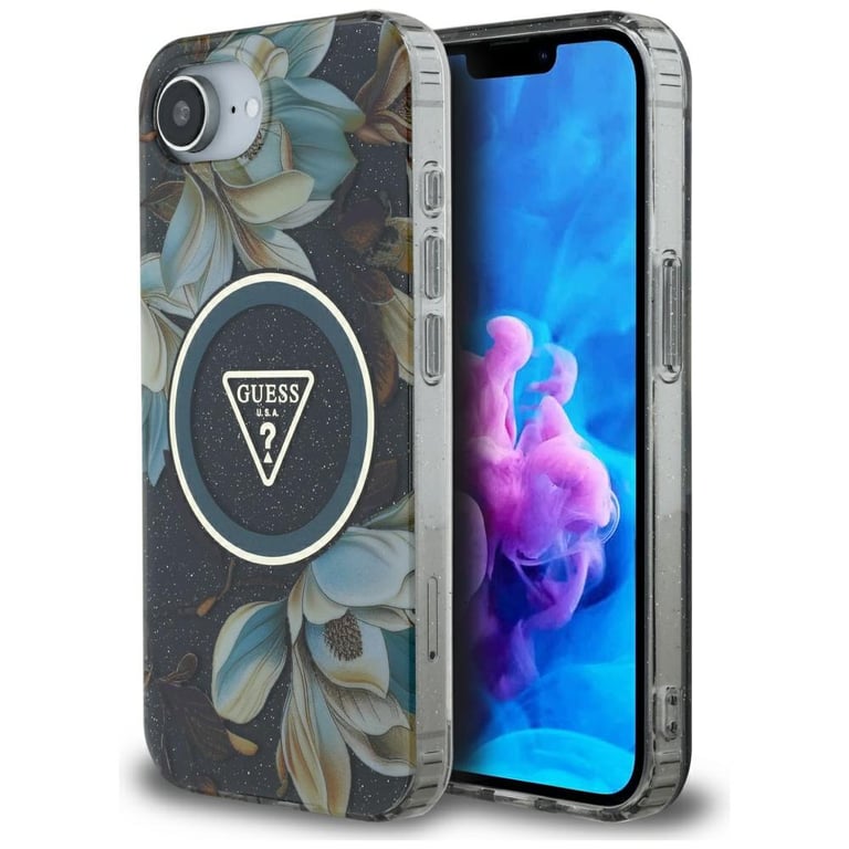 Guess Étui IML Metal Glitter Flowers MagSafe pour iPhone 16e