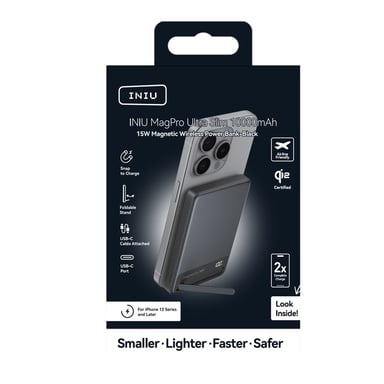 Iniu Batería externa inalámbrica magnética MagSafe 10000mAh 2 puertos USB-C Negro