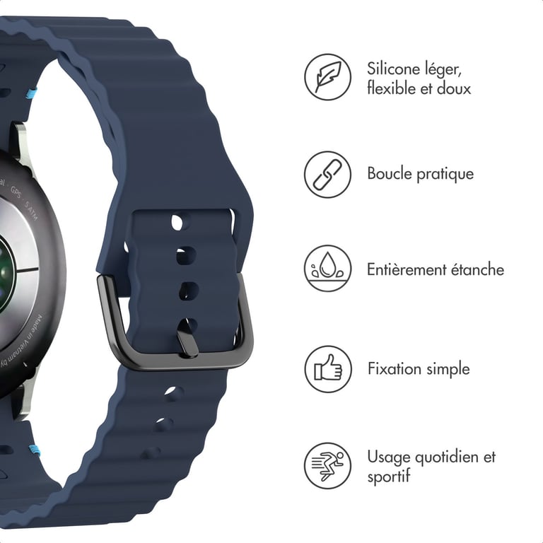 imoshion Bracelet Wave en silicone pour Samsung Galaxy Watch 4 / 5 / 6 / 7 / FE (20 mm) - Bleu foncé - Neuf