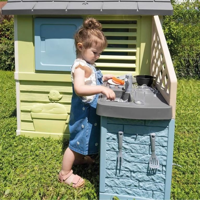 Maisonnette SMOBY Life Pretty avec cuisine d'été 17 accessoires Anti-UV Vert clair, blanc et bleu - Neuf
