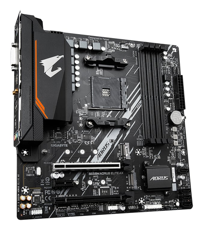 GIGABYTE B550M AORUS ELITE AX Carte mère - Processeurs AMD Ryzen 5000, VRM 5+3 phases, jusqu'à 4733 MHz DDR4, 1xPCIe 4.0 + 1xPCIe 3.0 M.2, Wi-Fi 6E, LAN 1GbE, USB 3.2 Gen 1 - Neuf