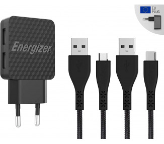 Cargador de red con garantía de por vida - 2,4A - 2USB - enchufe UE - cables USB-C 2.0 y Micro-USB incluidos.