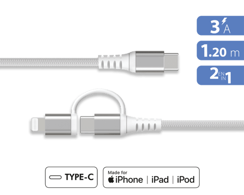 Cavo rinforzato 2 in 1 da USB-C/Lightning MFi a USB-C 3A PD 60W 1,2 m