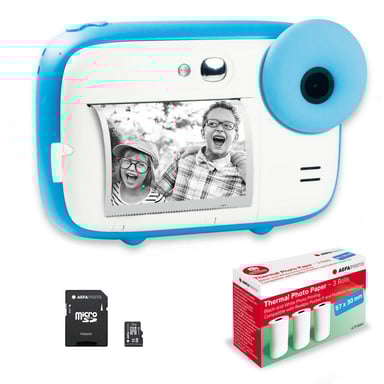 AGFA PHOTO Pack Realikids Instant Cam + 1 carte Micro SD 32GB + 3 rouleaux Papier Thermique ATP3WH - Appareil Photo Instantané Enfant, Ecran LCD 2,4', Miroir Selfie et filtre photo - Bleu