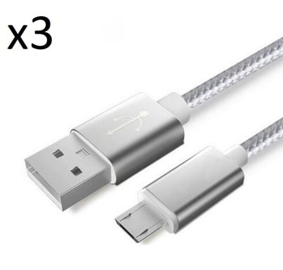 Pack de 3 Cables Metal Nylon Micro USB pour Smartphone Android Chargeur Connecteur