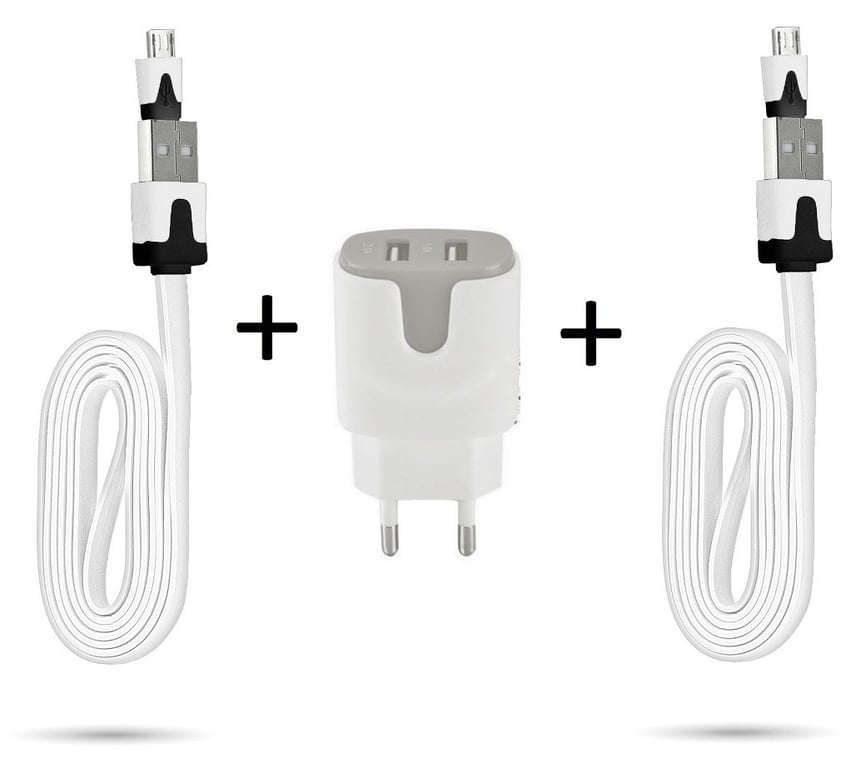 Pack Chargeur pour Smartphone Micro USB (2 Cables Chargeur Noodle + Double Prise Couleur Secteur) Android