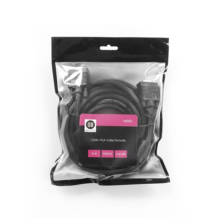 D2 Diffusion Rallonge VGA mâle/femelle 5m - avec ferrite - full HD vendu en SACHET gaine 8mm