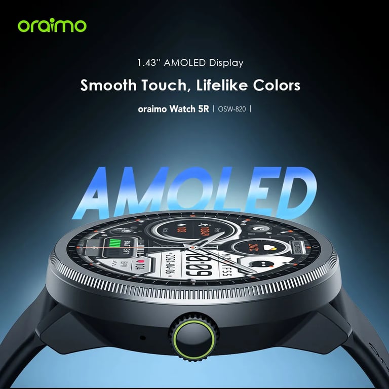 oraimo Watch 5R – Montre connectée AMOLED 1 43 suivi santé 100+ modes sport autonomie longue IP68 Neuf - vue 2