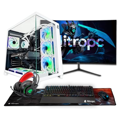 PC Gaming completo Nitropc Pack Diamond - Intel i7-12700KF, RTX 5060 8GB, RAM 32GB, M.2 2TB, Windows 11, WiFi, Blanco - Monitor 27'' FullHD curvo + accesorios
