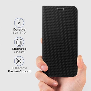 Moozy Étui Portefeuille pour Xiaomi 12 Pro, Noir Carbone - Étui à Rabat avec Bordure Métallique, Fermeture Magnétique, Flip Cover avec Porte-Cartes et Fonction Béquille