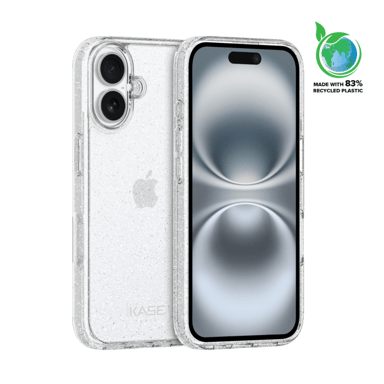 Guscio ibrido scintillante invisibile GEN 2.0 83% plastica riciclata per Apple iPhone 16, trasparente