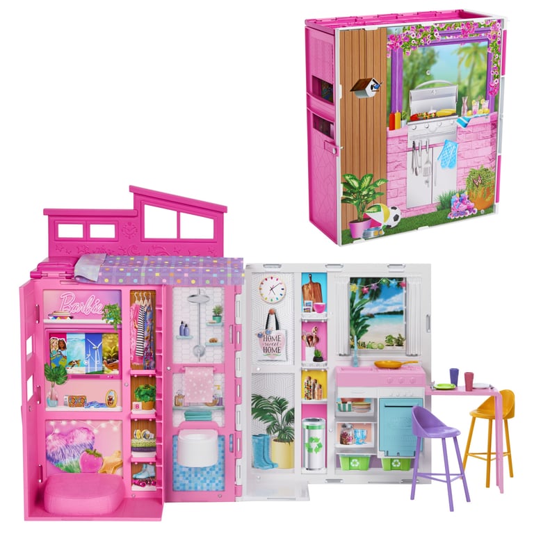 Barbie Maison de Vacances Coffret avec poupée avec 4 Zones de Jeu Dont Une Cuisine Une Salle de Bains Une Chambre et Un Salon 11 Accessoires de décoration HRJ76 - vue 3