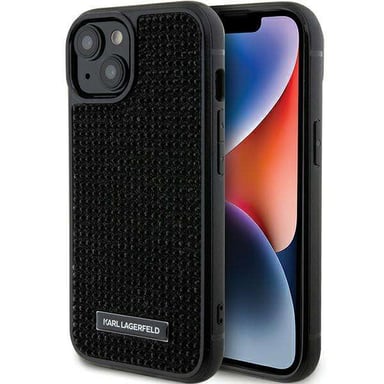 Custodia Karl Lagerfeld per iPhone 15 6.1'' nero Custodia rigida Logo Strass Piastra di metallo
