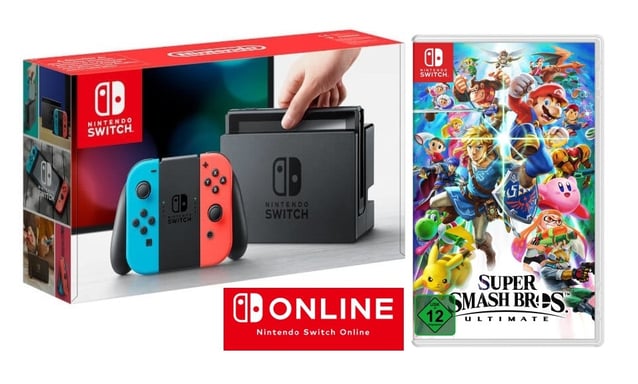 Nintendo Switch + Super Smash Bros. Ultimate + 3 Months Online videoconsola portátil 15,8 cm (6.2'') 32 GB Wifi Negro, Azul, Rojo