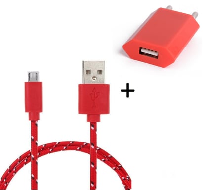 Pack Chargeur pour Manette Playstation 4 PS4 Smartphone Micro USB (Cable Tresse 3m Chargeur + Prise Secteur USB) Murale Android  (ROUGE)