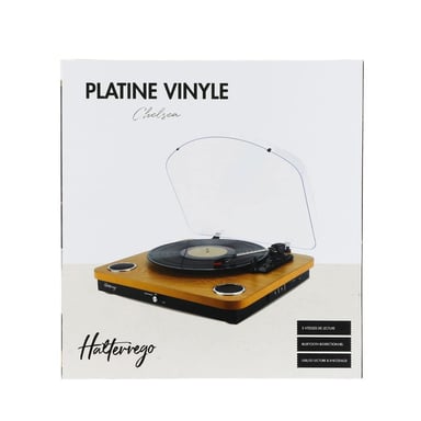 Platine vinyle Halterrego avec HP intégrés/Couvercle, RMS 2*2W,RCA OUT, Lec et Eng USB, BT IN/OUT, adaptateur inclus , finition laquée noire/asp bois