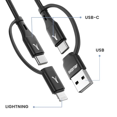 Akashi Cable 4 en 1 USB-C y USB a USB-C y Lightning Carga 20W 1m Negro