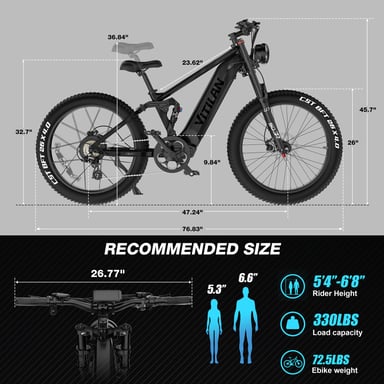 Bicicleta de montaña eléctrica de suspensión completa VITILAN T7 Pro, neumáticos anchos de 26 pulgadas, batería extraíble de 52 V 20 AH, suspensión completa, Chameleon