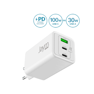 JAYM® Pack Chargeur GaN 100W + Câble USB-C 2m   3 Ports (2xUSB-C, 1xUSB-A) Charge Rapide PD pour MacBook Pro, PC Portable, iPad Pro M4, iPhone 17/16, Samsung S26/S25