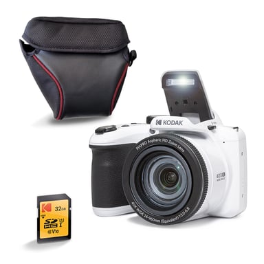 KODAK Pixpro AZ405 Bridge 20MP, Zoom X40, Grand Angle 24mm, Full HD 1080p, OIS, LCD 3'', Housse + Carte SDHC 32GB U1, Pile AA - Blanc