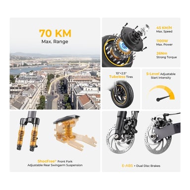 Patinete Eléctrico Ausom K20, Motor 1100W y Batería 648Wh, Autonomía 70km, Suspensión ShocFree, Bloqueo NFC, Patinete Plegable