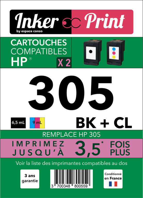 Pack de Cartouches d'encre recyclées compatibles avec HP 305 XL (Noir et Couleurs)