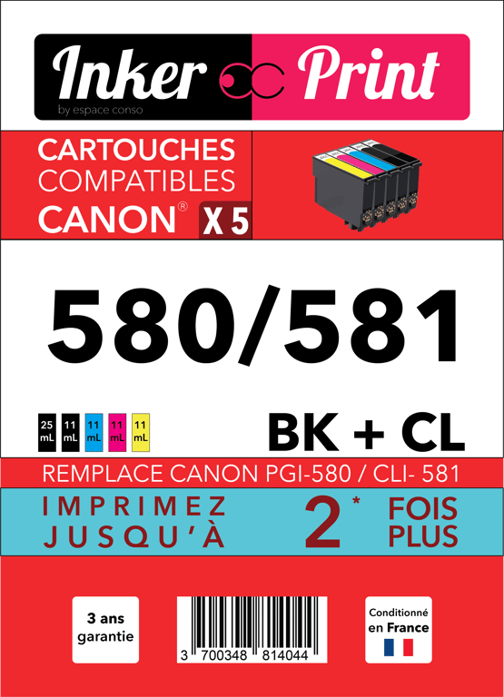 Pack de Cartouches d'encre recyclées compatibles avec CANON 580 / 581 XL (Noir et Couleurs)