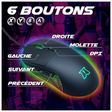 Souris Gaming Otaku M02 7200DPI Rétroéclairage LED RGB - Capteur Optique de 1200 à 7200 DPI - 6 Boutons - Confortable et Légère - Compatible PC/PS4/PS5