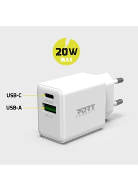 Port Connect Chargeur mural COMBO USB-C Power Delivery & USB-A  20W Prise Européenne blanc