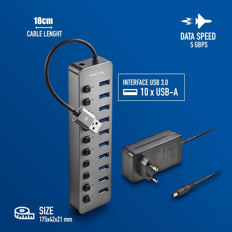 NGS IHUB 10 USB 3.2 Gen 1 3.1 Gen 1 Type A 5000 Mbit/ Neuf - vue 2