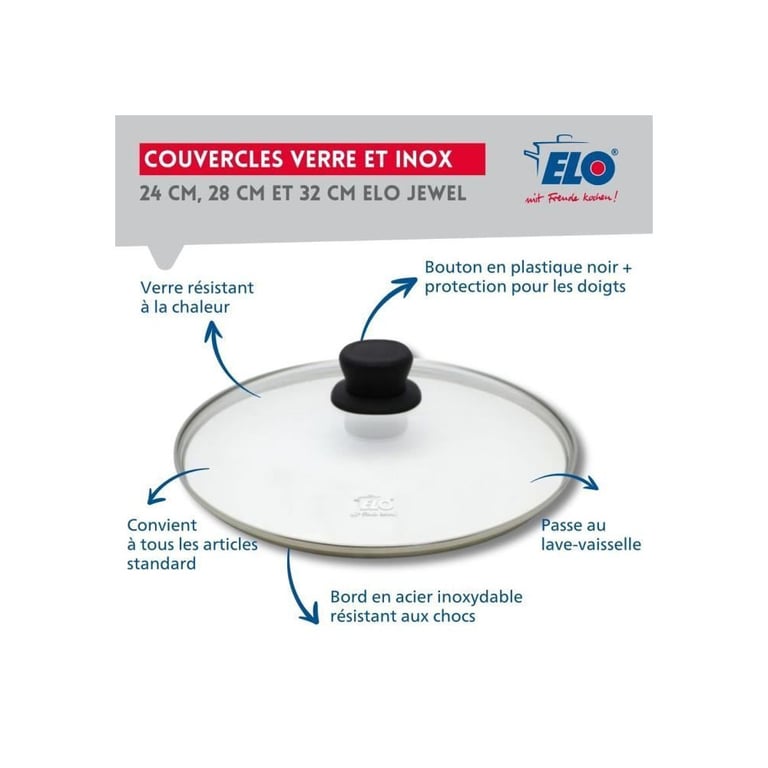 Set de 3 poêles à induction avec couvercles en verre ELO Professional Inox 1810 ELODUR® Ø 24 28 et 32 cm - vue 3