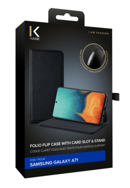 Custodia folio a conchiglia con slot per schede e supporto per Samsung Galaxy A71, nero