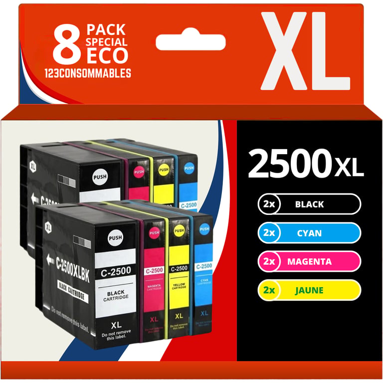 123CONSOMMABLES PGI 2500XL Pack 8 Cartouche encre Compatible pour Canon PGL 2500 PGI 2500XL PGL2500XL pour Canon Maxify MB5150 MB5450 MB5050 MB5350 MB5050 MB5155 2 / 2 Cyan / 2 / 2 Jaune Neuf