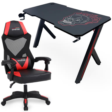 Amstrad Pack Bureau DESK120Z-SKRED & fauteuil gamer 309-BK - 1m20 - carbone - Design carbone et logo ''tête de mort'' rouge