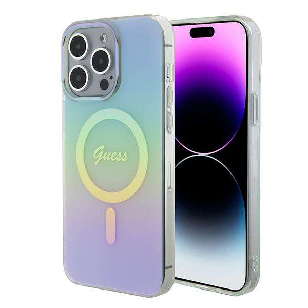 Guess Coque telephone - bumper telephone GUHMP15XHITSQ Coque pour iPhone 15 Pro Max Turquoise Rigide IML Iridescent